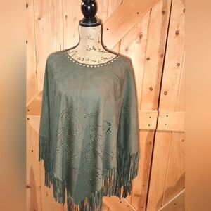 Green Fringe Poncho with Laser Cutout Design